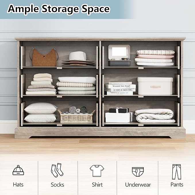6 Drawer Dresser for Bedroom, 53" Wide Wooden Chest of Drawers, Rustic Farmhouse Dresser with Large Drawers & Metal Handles, Modern Storage Organizer for Closet, Living Room, Hallway, Grey