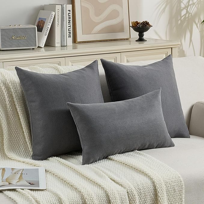 FUTEI Dark Grey Chenille Throw Pillow Covers 22x22 Inch Set of 2,Soft Wide Chevron Textured Cushion Case,Farmhouse Home Decor for Couch Bed Living Room