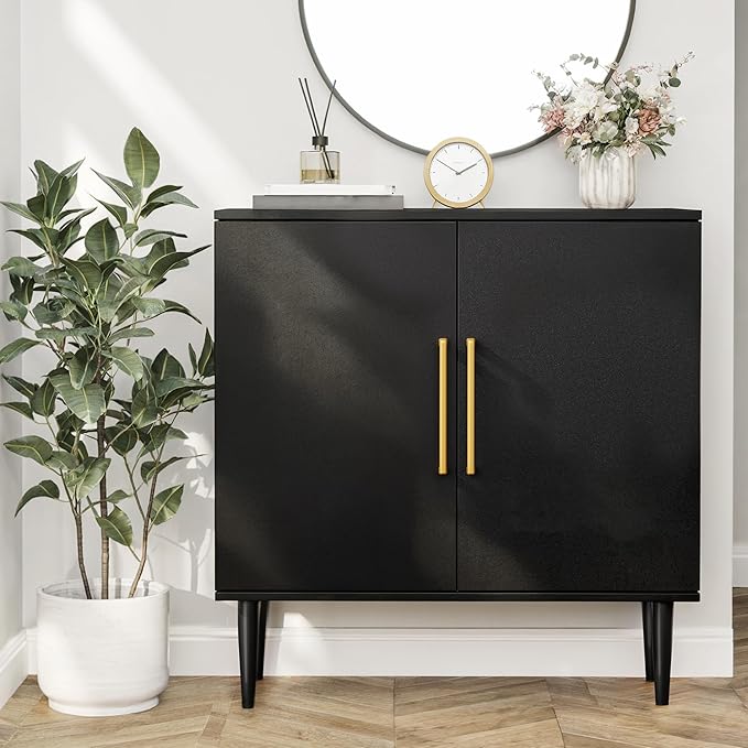 Modern Storage Cabinet, Free Standing Buffet Cabinet, Black Sideboard and Buffet Storage, Wood Accent Furniture for Living Room, Hallway, Entryway, Dining Room, Bedroom (1, Black)
