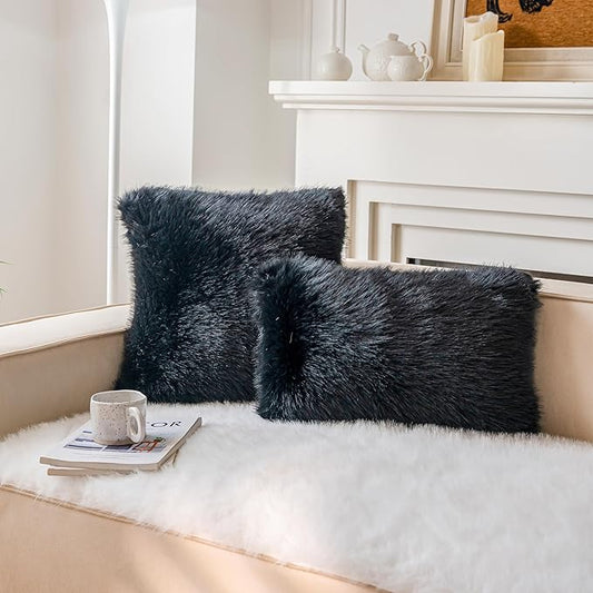 Neelvin Black Faux Fur Cozy Fluffy Double-Sided Decorative Throw Pillow Covers 18x18 inch Set of 2,Velvet Pillowcase Cushion Case for Sofa Couch