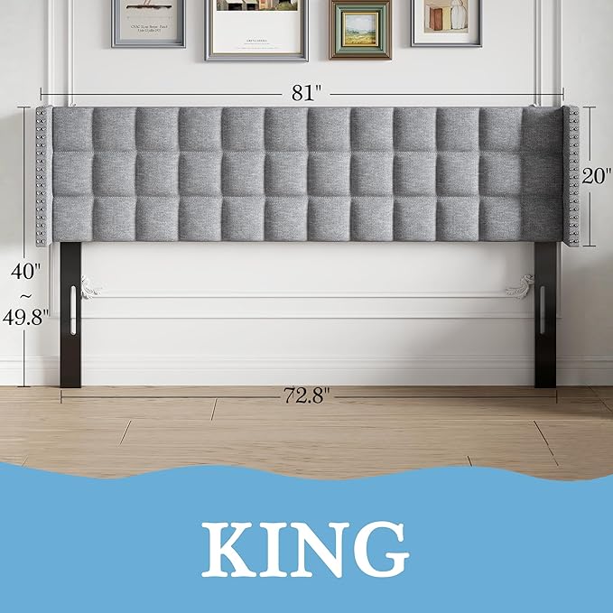 VECELO Headboard King Size, Linen Upholstered Headboards Only with Nailhead Trim Wingback, Square Stitched Design, Adjustable Height from 40" to 49.8", Light Grey