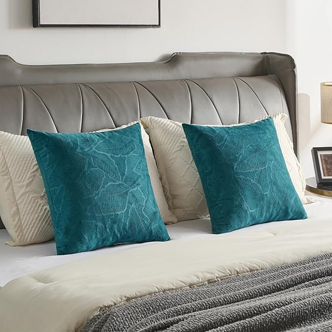 FUTEI Teal Velvet Throw Pillow Covers 20x20 Inch Set of 2,Soft Embossed Leaf-Relief Textured Cushion Cases,Natural Home Decor for Couch Living Room