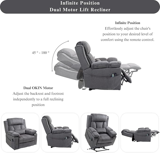 Big Man Power Lift Recliner for Elderly Adults 28 Inch Wide Seat, Lay Flat Lift Chair with Heat Massage, Flip Arm Storage Cup Holders, USB Type C Charging (Grey Chenille)
