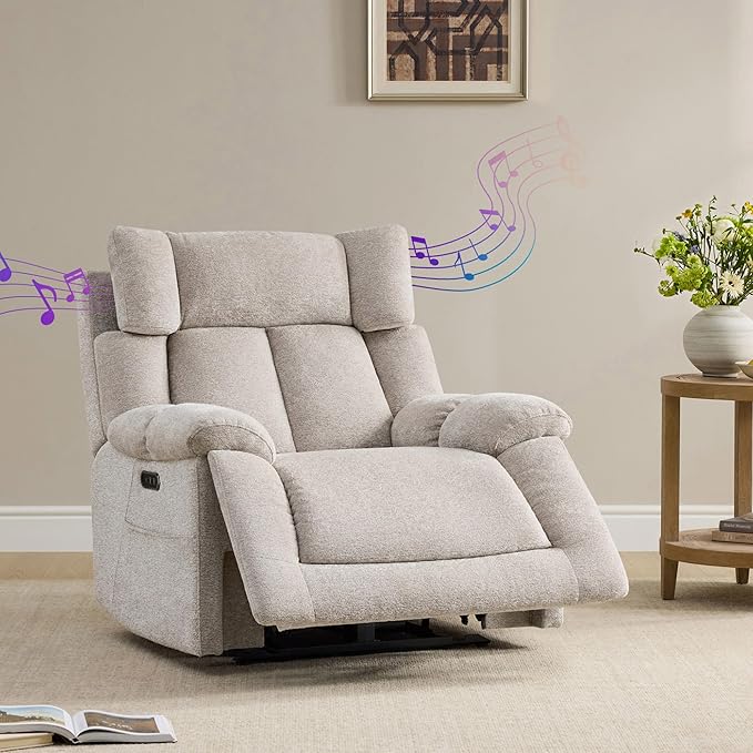 CHITA Oversized Power Recliner Chair with Bluetooth Speakers for Adults, Lay Flat Recliner with Power Lumbar Support, Manual Winged Headrest and USB & Type-C Charging Ports, Taupe