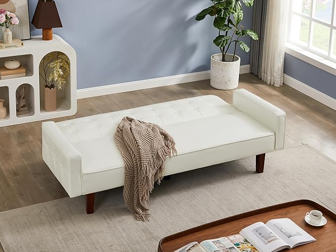 74" Loveseat Sofa with Vintage Button Tufting, Faux Leather Convertible Sleeper Futon Sofa Bed with Spring Cushion and Wood Legs for Apartments, Offices, Reception Areas, Living Rooms, White