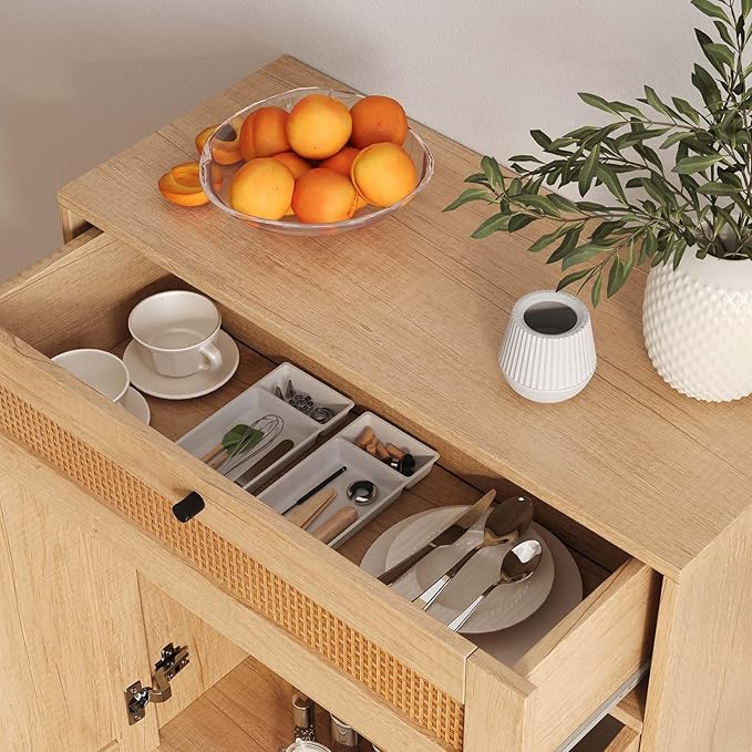 Rattan Storage Cabinet, 2-Door Oak Sideboard with Drawers, Buffet Sideboards with Storage, Elegant Boho Design for Dining Room or Living Room, 1 Drawer for Extra Organization