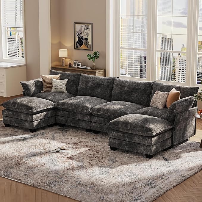 KKL 120" Modular Sectional Sofa for Living Room, U-Shaped 6 Seater Convertible L-Shaped Cloud Couch with Ottoman, Chenille Modern Sectional Couches for Living Room, Apartment, Grey