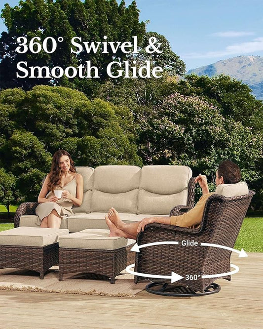 HILLGA Luxury Patio Furniture Set with 6-Inch Thick Cushions, High Back Outdoor Swivel Rocker Chairs and Patio Couch, 11-Piece All Weather Conversation Set for Porch Deck Pool Yard, Beige (V3)