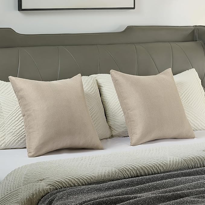 FUTEI Oatmeal Chenille Throw Pillow Covers 18x18 Inch Set of 2,Soft Wide Chevron Textured Cushion Case,Farmhouse Home Decor for Couch Bed Living Room