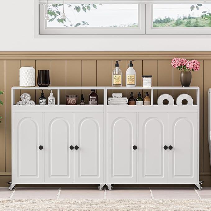 Bathroom Storage Cart with Doors,3-Door Cabinet & Divided Open Shelf,Rolling Organizer Cart for Bathroom, Toilet,White (1)