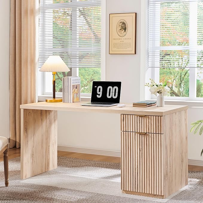 JXQTLINGMU 60" Modern Executive Desk with Storage, Wood Home Office Desk with Drawer & Cabinet, Fluted Computer Writing Desk for Study, Living Room, Bedroom, Oak
