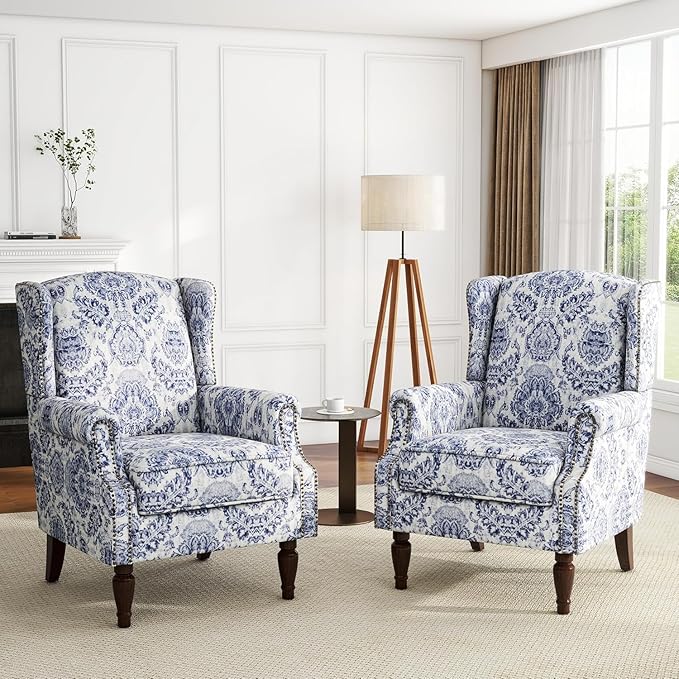 UIXE High Back Floral Accent Chair, Fabric Upholstered Armchair for Living Room, Retro Wingback Arm Chair with Solid Wood Legs, Nailhead Trim Single Sofa Bedroom Reading Seat - Navy Blue