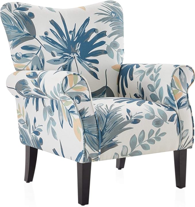 BELLEZE Modern Accent Chair, High Back Armchair, Upholstered Wingback Side Chair, Padded Single Sofa with Wooden Legs for Living Room, Bedroom - Green Blue Floral