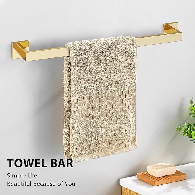 YACVCL 5-Piece Bathroom Hardware Accessories Set 23.6 inch Towel Bar Set Modern Towel Rack Set Stainless Steel Wall Mounted Bathroom Towel Holder Set(Bright Gold)