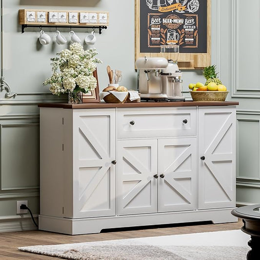55.1" Buffet Cabinet with Storage, Charging Station, Modern Kitchen Buffet Sideboard with Drawer, White Wood Coffee Bar with Adjustable Shelves & Spice Rack, Kitchen Storage Cabinet for Living Room