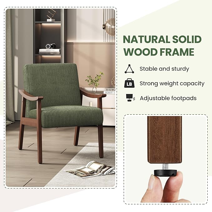 Yaheetech Corduroy Accent Chair, Mid-Century Modern Armchair with Solid Wood Legs, Reading Leisure Chair with High Back for Living Room Bedroom Waiting Room, Set of 2, Dark Green
