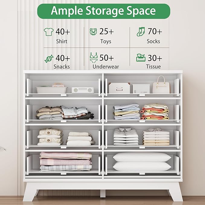Fluted Dresser for Bedroom with 8 Drawers, 48" Wide Modern Chest of Drawers with Metal Handle, Wooden Dresser TV Stand, Wood Closet Clothes Storage Drawer Organizer for Living Room, Hallway, White