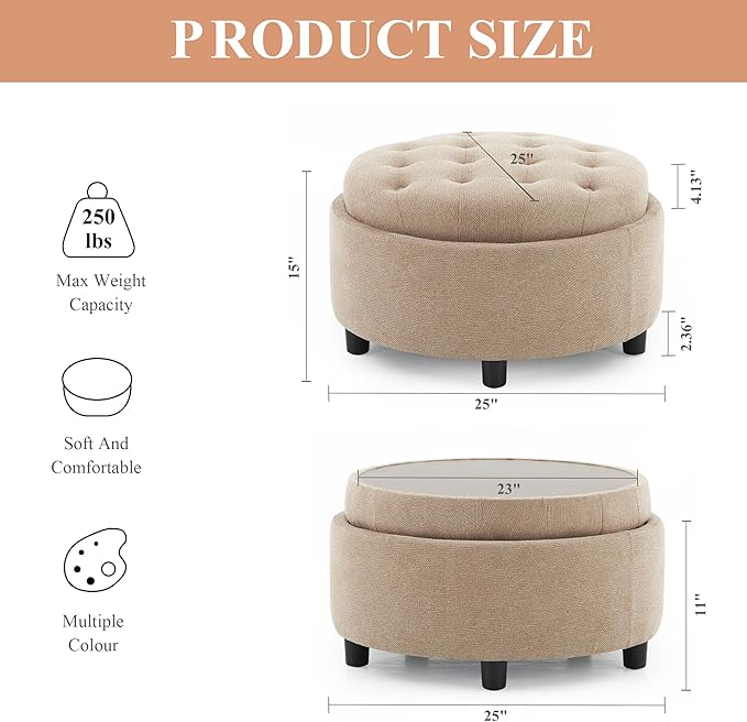 COLAMY Fabric Round Storage Ottoman with Reversible Tray Lid – Multi-Functional Footrest, Hidden Storage, Sturdy & Stylish Small Coffee Table for Living Room, Bedroom, or Entryway(Camel)