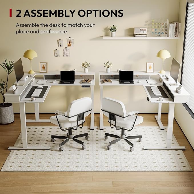 SANODESK 71" L Shaped Standing Desk with 4 Drawers, Height Adjustable Stand up Desk, Corner Gaming Desk with Monitor Stand, White Frame/White Top