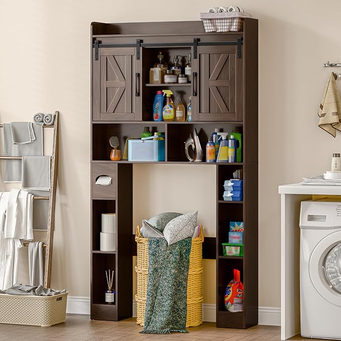 Farmhouse Storage Cabinet Over Toilet with Sliding Doors,Over The Toilet Storage Cabinet, Home Space-Saving Toilet Rack, for Bathroom, Restroom, Laundry.Espresso