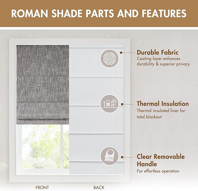 Madison Park Cordless Roman Shades, Total Blackout Window Blind Privacy Window Shades, Thermal Insulated Cordless Window Treatment for Bedroom, Living Room, Quincy, Single Panel 33" W X 64" H Grey