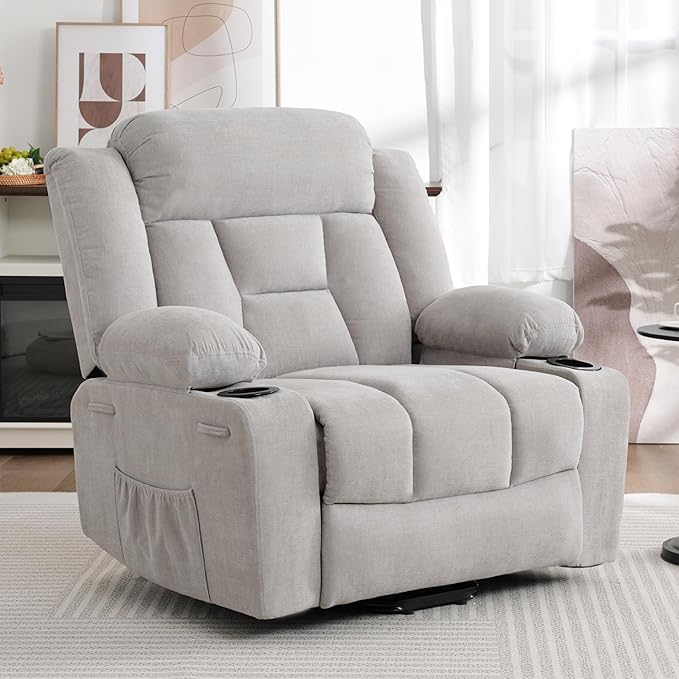 Dual Motor Power Lift Recliner for Elderly, Large Electric Lift Recliner with Massage and Heat, Cup Holders, Side Pocket, Fabric(Light Grey)