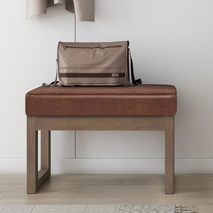 SIMPLIHOME Milltown 27 inch Wide Contemporary Rectangle Footstool Ottoman Bench in Distressed Saddle Brown Vegan Faux Leather, Assembled, for the Living Room and Bedroom