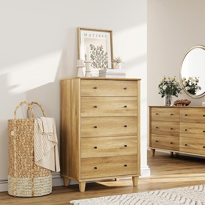 5 Drawer Dresser for Bedroom, Tall Modern Chest of Drawers, Beveled Profile Design, Wood Drawer Organizer for Bedroom, Living Room, Hallway and Entryway,Oak