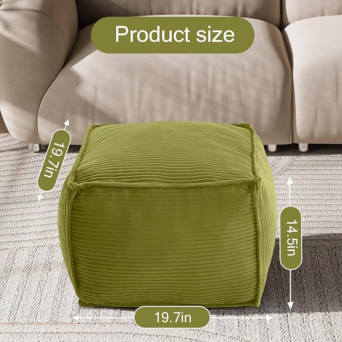 MeMoreCool Square Stuffed Pouf Ottoman Foot Rest, Corduroy Floor Pouf Foot Stool with Foam Chunk Filling, Soft Stuffed Ottoman Footrest for Living Room, Green