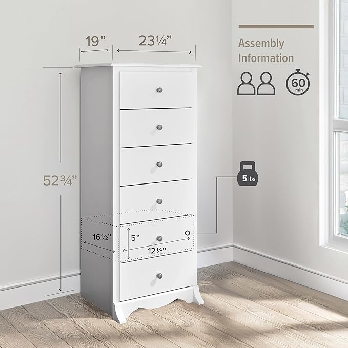 Prepac Sonoma 6 Drawer Dresser for Bedroom, Tall Chest of Drawers, Bedroom Furniture, Clothes Storage and Organizer, 19" D x 23.25" W x 52.75" H, White