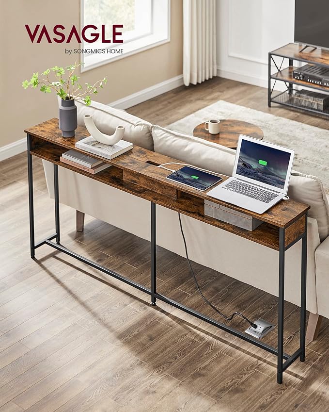 VASAGLE 70.9-Inch Console Table with Outlet and Shelves, Sofa Table with Charging Station, Behind Couch Table Skinny, Entryway Table for Hallway, Living Room, Rustic Brown and Ink Black ULNT118B01