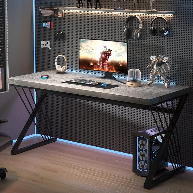 FOLUBAN Modern Desk, Rustic Wood and Metal Computer Desks for Home Office, Simple Study Writing Work Table for Bedroom Living Room, Light Grey, 60 Inch