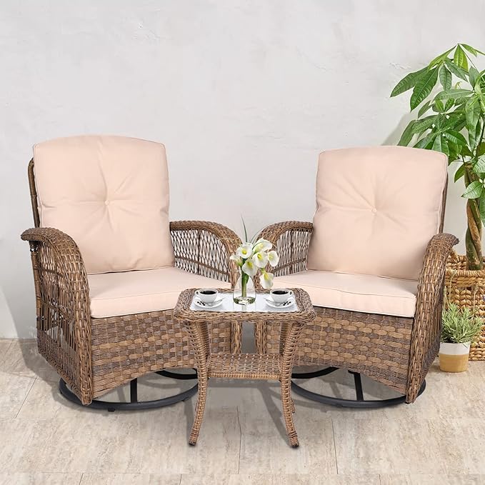 VIVIJASON 3-Piece Outdoor Conversation Bistro Set, Patio Swivel Glider Rocking Chairs Rattan Furniture Sets w/ 2 Rattan Chairs, Cushions, Glass Top Side Table for Porch Backyard, Light Brown