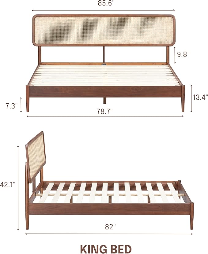 NTC Lupin Wooden Bed Frame with Headboard and Natural Rattan, Solid Oak/Rubber Wood Foundation with Silent Slats, 1000 Lb Capacity, Effortless Assembly (Natural Cane - Dark Walnut, King)