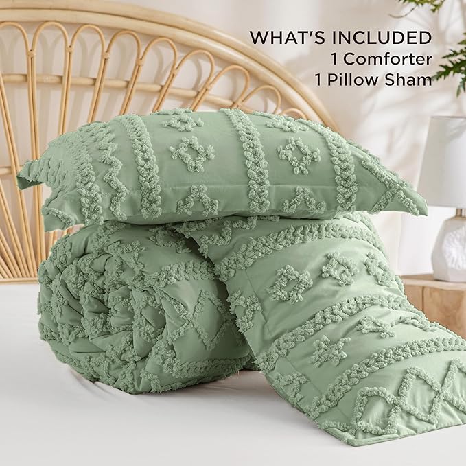Bedsure Tufted Boho Comforter Set Twin Size - Sage Green Boho Bed Set, GentleSoft™ 2 Pieces Farmhouse Shabby Chic Embroidery Bedding, Gifts for Woman, Soft Jacquard Twin Comforter for All Seasons