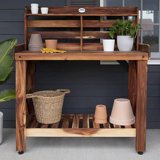 Backyard Discovery 47" Acacia Wood Garden Potting Bench & Serving Bar with Lower Storage Shelf, Leveling Feet, All-Weather Farmhouse Design for Patio, Deck, Porch, Kitchen, Dining Room