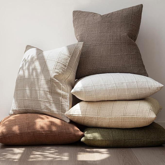 Foindtower Set of 2 Decorative Linen Check Throw Pillow Covers Neutral Farmhouse Lumbar Cushion Covers Modern Boho Home Decor for Sofa Chair Couch Bedroom Living Room,12×24 Inch,Taupe Grey