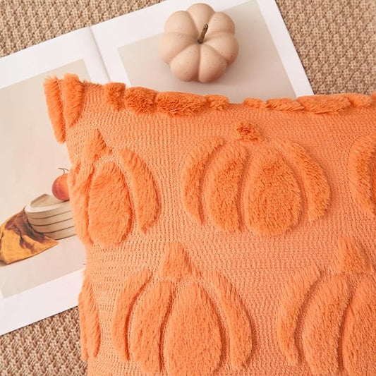 Kevin Textile Fall Pillow Covers 16x16 Inch Set of 2 Soft Pumpkins Decorative Square Pillowcases Plush Autumn Faux Fur Cushions Harvest Gift for Couch Sofa Chair Bedroom Home Decor, Orange