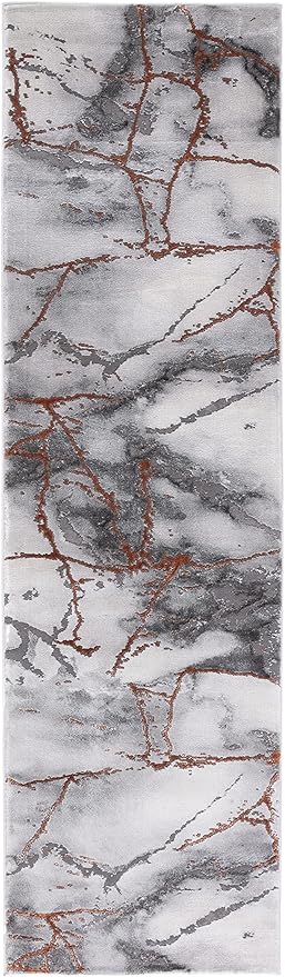 SAFAVIEH Craft Collection Runner Rug - 2'3" x 18', Grey & Orange, Modern Abstract Marble Pattern Design, Non-Shedding & Easy Care, Ideal for High Traffic Areas in Living Room, Bedroom (CFT877P)