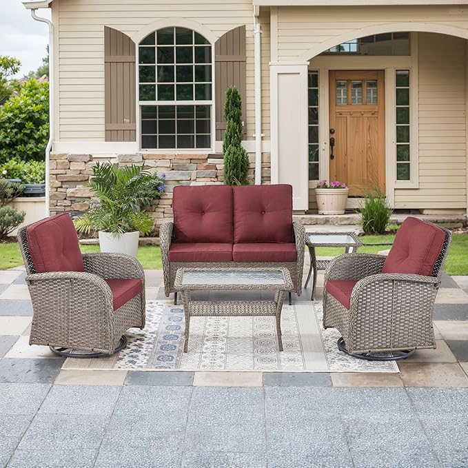 HUMMUH Patio Furniture Wicker Outdoor Furniture Sets High Back Outdoor Glider Bench with Patio Swivel Chairs Patio Conversation Sets for Deck Lawn Porch Balcony Poolside-Grey/Red
