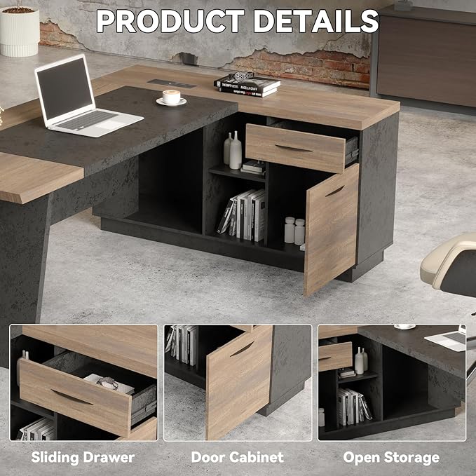 L Shape Executive Desk, Large Office Desk with Drawers & Shelves, 78.74 Inches Industrial Wooden Desk with Storage, Modern Computer Desk for Home Office, Black and Brown, Left Side