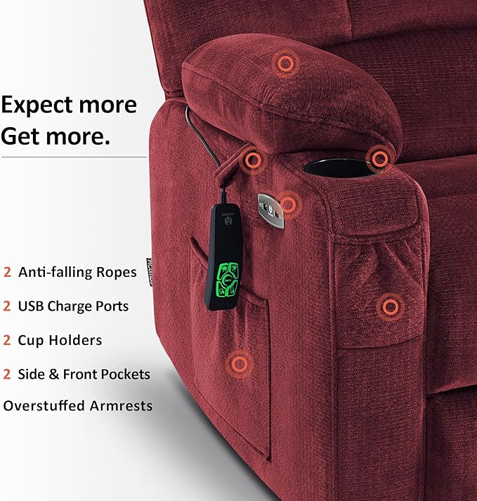 MCombo Oversized Dual Motor Power Lift Recliner Chair Sofa with Massage and Heat for Big Elderly People, Infinite Position, USB Ports, Fabric R7688 (Burgundy, Large-Oversize)