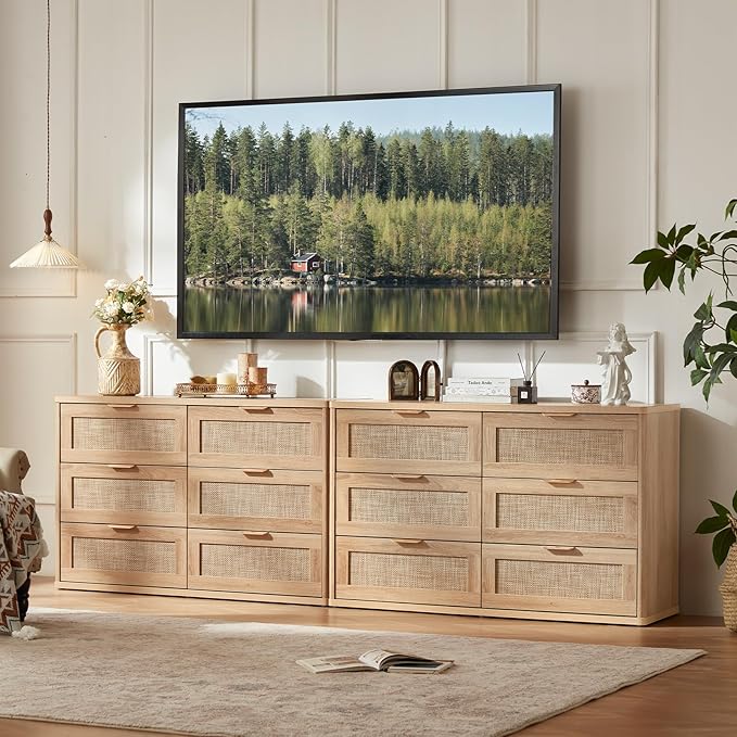 LEYAOYAO Rattan 6 Drawer Dresser for Bedroom, Boho 48" Wide Natural Wood Dresser Chest of Drawers, Dressers TV Stand with Metal Handle, Storage Dressers Closet Organizer for Living Room, Hallway