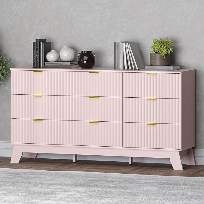 Fluted 9 Drawer Dresser, 57.1" Wide Modern Boho Chest of Drawers, Wooden Storage Dresser TV Stand for Bedroom, Living Room, Closet, Hallway, Curved Profile Design