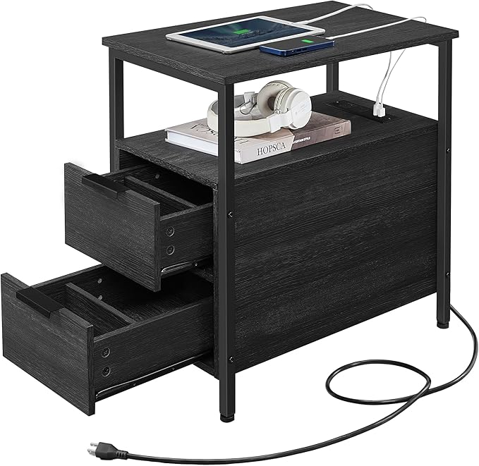 VASAGLE Side End Table with Charging Station, Slim Nightstand with 2 Drawers, Narrow Bedside Table for Living Room, Small Spaces, Charcoal Gray and Ink Black ULET321B22