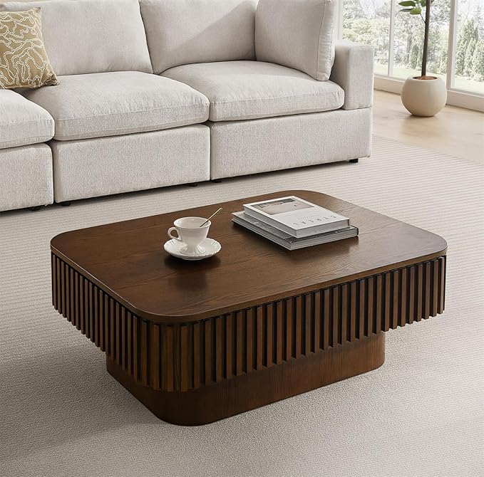 Lift Top Coffee Table for Living Room, Fluted Coffee Tables with Storage, Solid Wood Veneered Modern Accent Tea Center Table for Small Space Apartment (Walnut-38.6''D×26.8''H)