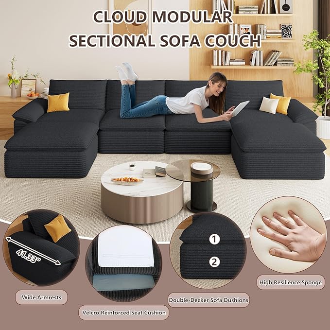 113.03" Sectional Couches for Living Room Modern Modular Sofa Couchs Upholstered Corduroy Boneless Couch Deep Seat Cloud Couch with Ottoman, No Assembly Required, Black