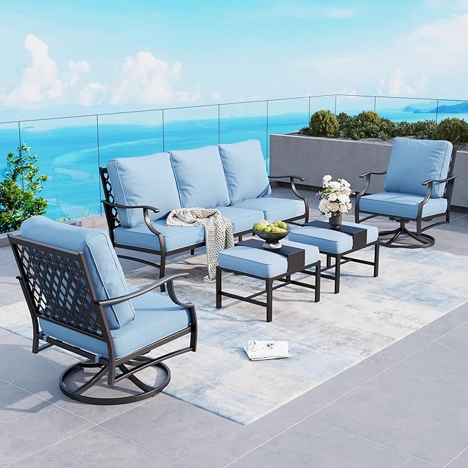 5 Piece Metal Outdoor Patio Furniture Sets, Patio Conversation Sets 1 3-Seater Sofa, 2 Swivel Chairs, 2 Ottomans with 5.75" Thick Cushion, Black All-Weather Backyard Furniture, Blue