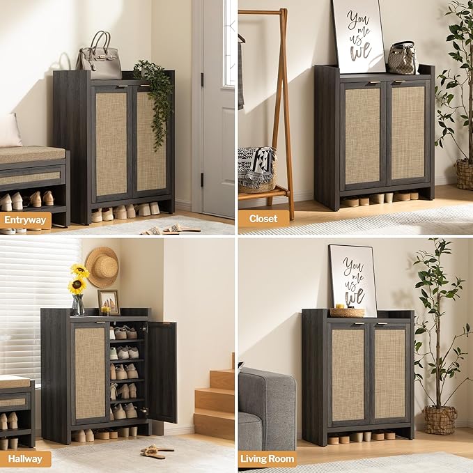 SICOTAS 41" Tall Shoe Cabinet, 24 Pair Shoe Storage Cabinet with Doors and 6-Tier Shelves, Rattan Shoe Cabinet Storage for Entryway, Farmhouse Boho Wooden Cabinet for Hallway, Black Oak
