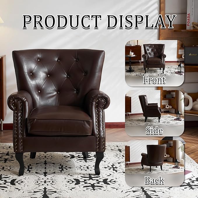 Modern Faux Leather Accent Chair, Upholstered Mid-Century Armchair with Solid Wood Legs, Single Sofa Chair for Living Room, Bedroom, or Reading Room(Caramel)